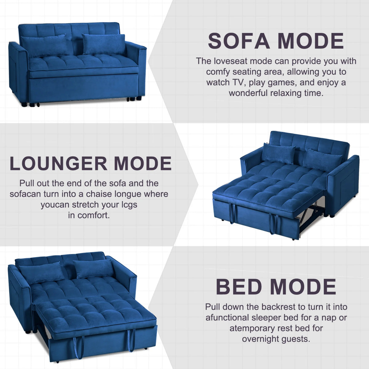 BINBANK Black Velvet 3-in-1 Convertible Sleeper Sofa Bed a?? USB Charging, Adjustable Backrest Pull-Out Futon Loveseat Couch for Living Room, Apartment & Small Space