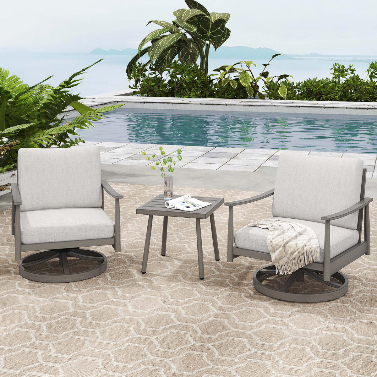 HAPPATIO Aluminum Outdoor Furniture Set - 5 Pieces Patio Furniture Set Includes 1 Side Table, 2 Swivel Chairs and 2 Ottomans with Thick Cushion, Patio Conversation Set for Backyard Poolside (Grey)