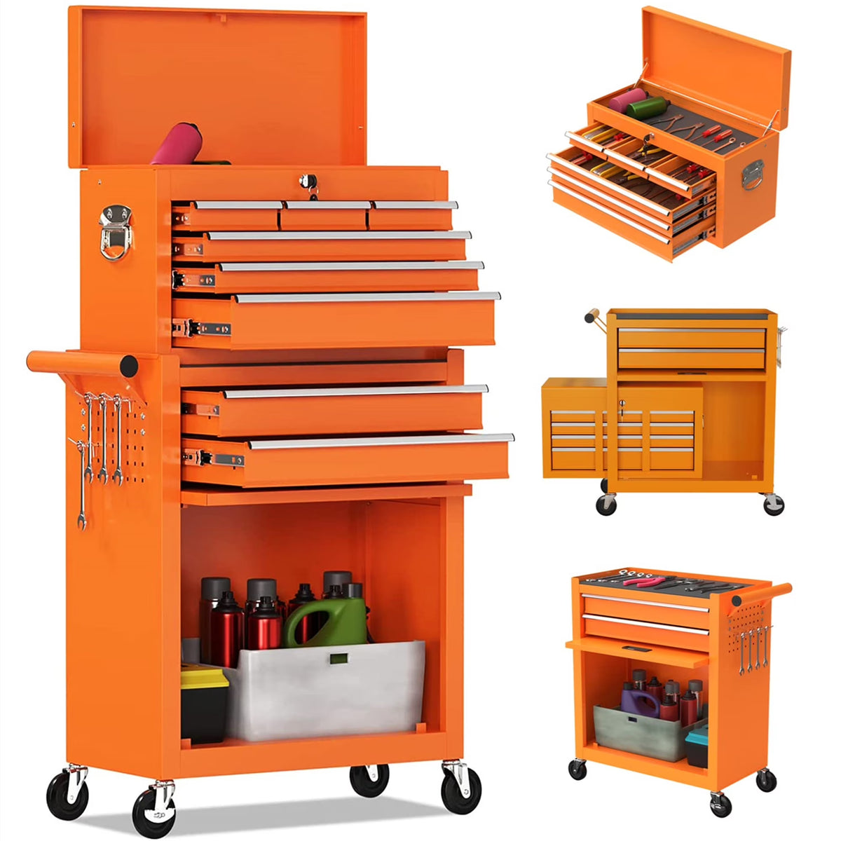 Aukfa Tool Chest, 2 in 1 Steel Rolling Tool Box & Cabinet On Wheels for Garage, 8-Drawer, Orange