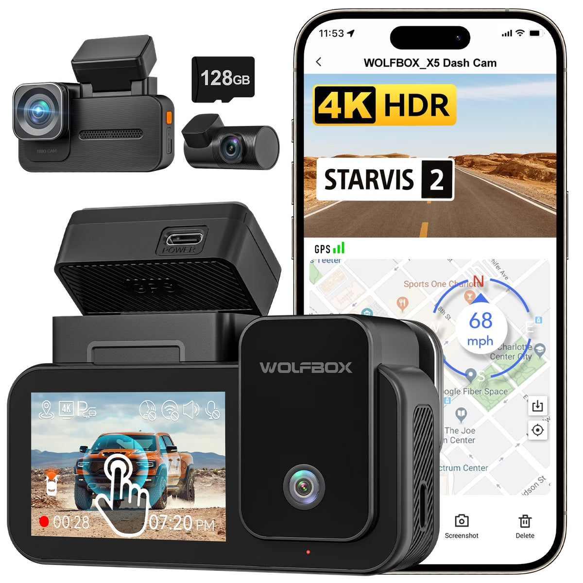 WolfBox X5 3 Channel Car Dash Cam, 4K Front+1080P Inside+2.5K Rear Camera, 5.8GHz Wi-Fi & GPS, Touchscreen, Voice Control