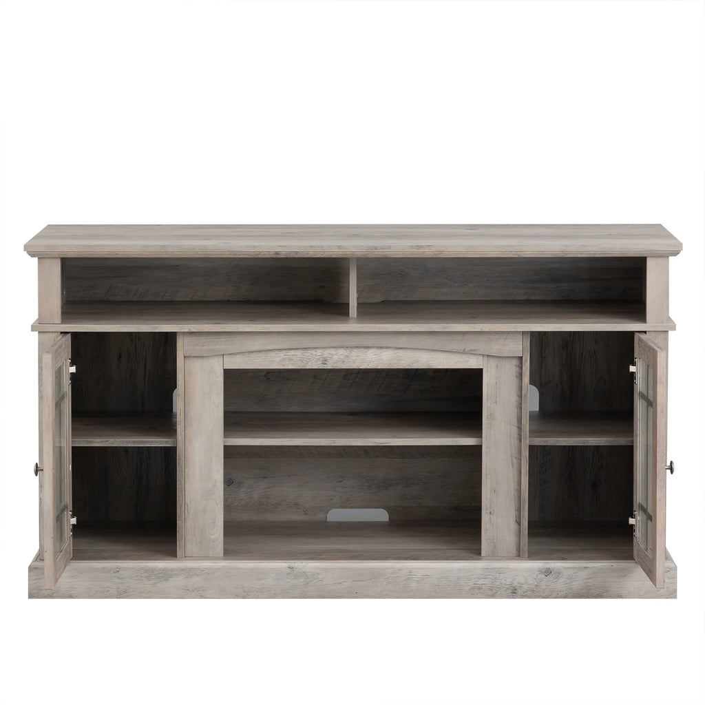 Electric Fireplace TV Stand for 65" TV, Farmhouse TV Stand for Living Room with Adjustable Shelves and Glass Doors, Media Console with Wireless Remote Control Virtual Flame Fireplace, Gray