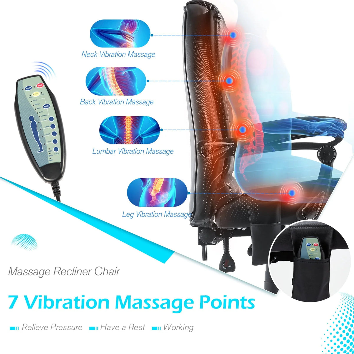 YODOLLA Ergonomic Office Chair with Heated 7 Points Massage Retractable Footrest, High Back Swivel Leather Chair Big and Tall Heated Reclining Office Chair, Black