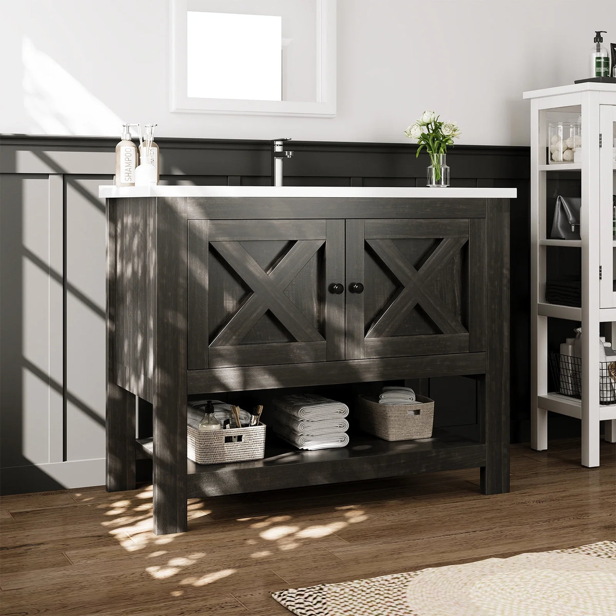 DreamCurship Bathroom Vanity with Sink Combo, 35'' Bathroom Storage Cabinet with Storage, Farmhouse Bathroom Vanity Cabinet with 2 Doors and Open Shelf, White