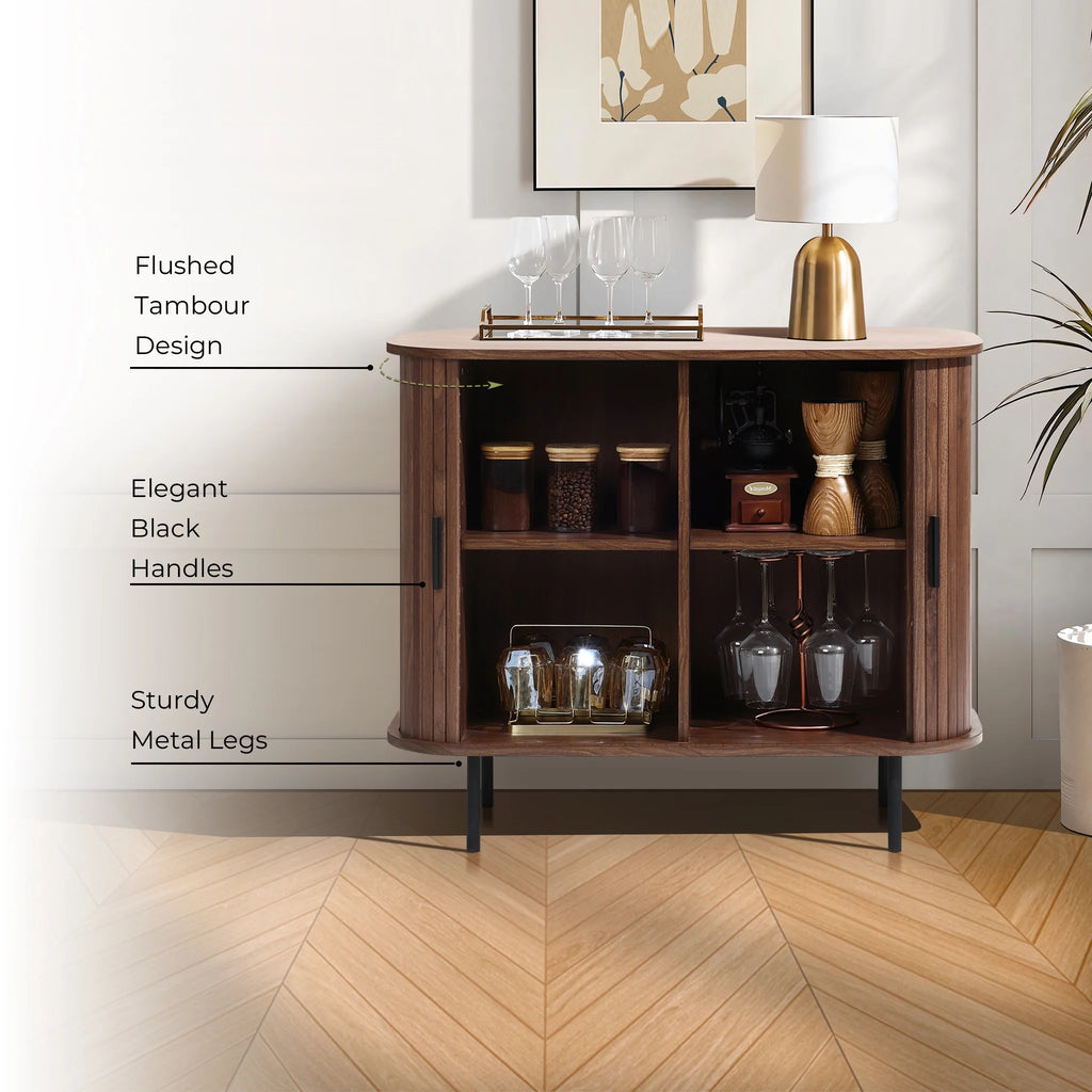 LuxenHome 35" Mid Century Modern Accent Cabinet, Small Buffet Cabinet with Sliding Door, Oak