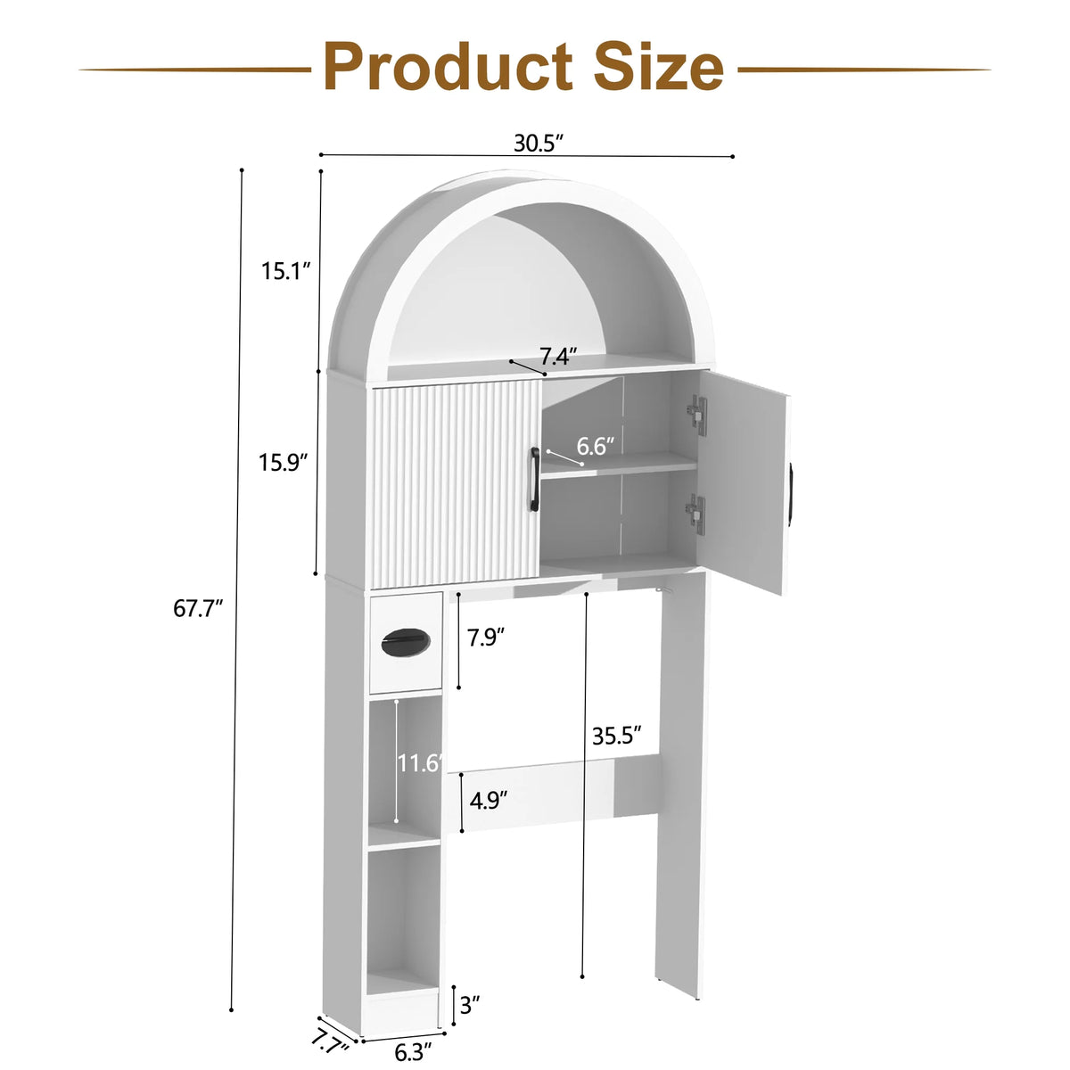HARIPUL Over The Toilet Storage Cabinet w/ Unique Wood Grain & Arc Design, Freestanding Bathroom Shelf Organizer Space Saver w/ Doors & Anti-Tip Device, Wood Color