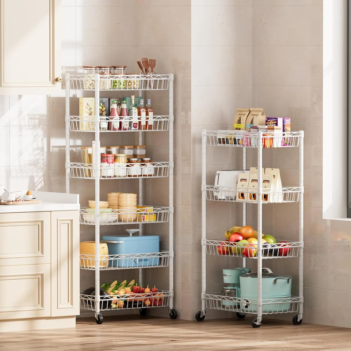 6 Tier Wire Shelving Unit with Wheels Baskets Storage Rack Corner Shelves Adjustable Shelf Closet Bathroom Organizers Metal Pantry Kitchen Garage Laundry Room 13.5" D x 13.5" W x 63" H Silver