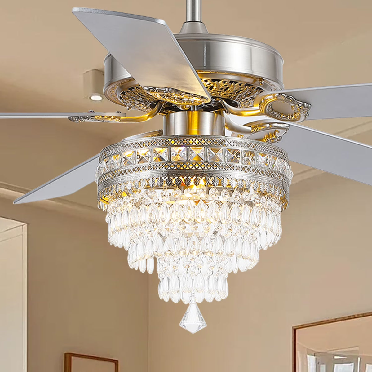 YIOSI 52" Crystal Ceiling Fan Fandelier with Remote Control, Modern Chrome Chandelier Ceiling Fan, Whisper-Quiet Motor, Reversible Blades, LED Lighting, Energy-Efficient, Elegant Living Room Fan