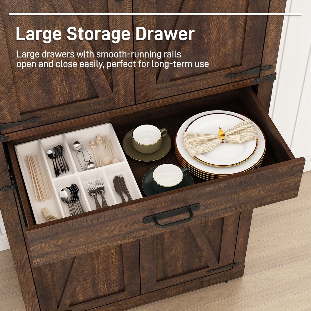 72" Tall Farmhouse Kitchen Pantry Cabinet w/1 Drawer & 4 Roomy Storage Shelves, Versatile Wood Storage Cabinet with 4 Barn Door & Adjustable Shelves &  for Dining Room Bathroom Utility Room