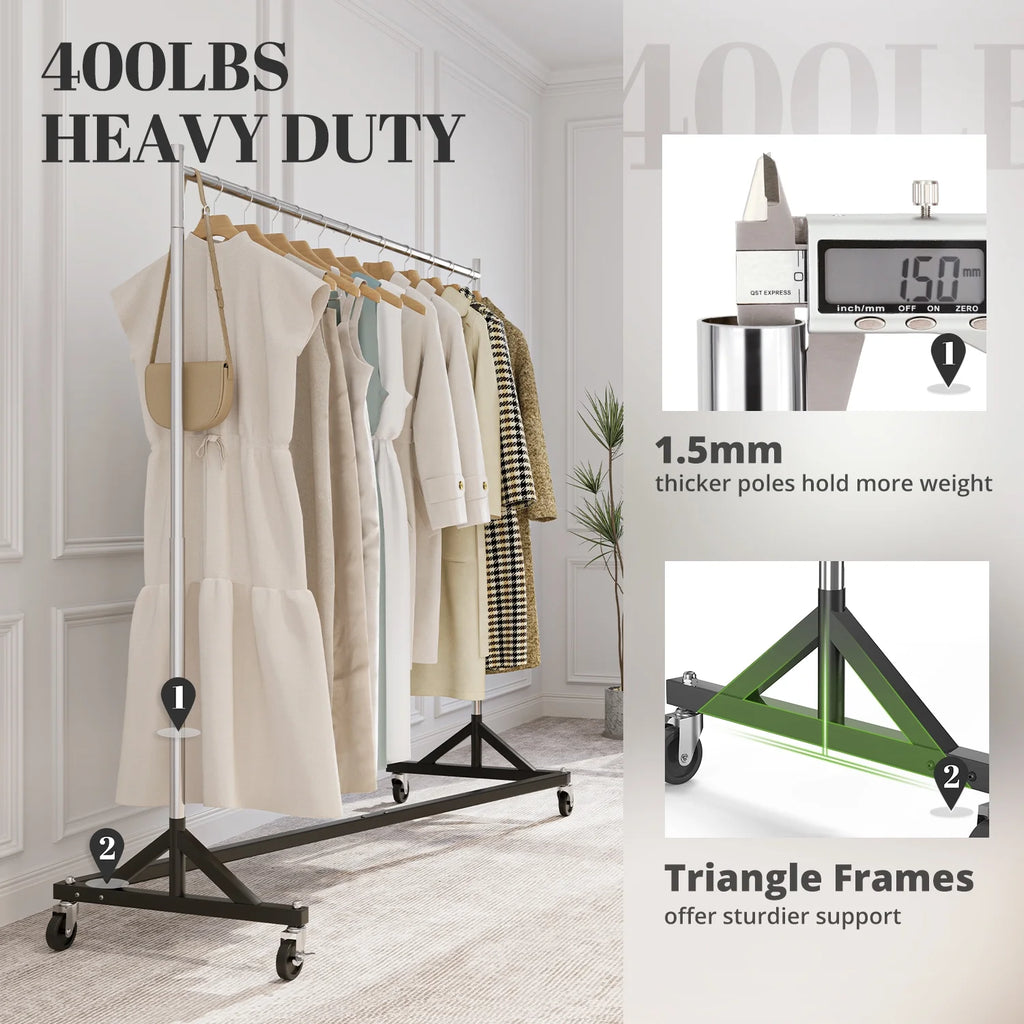 HOKEEPER 400LBS Commercial Z Base Garment Rack Heavy Duty Clothing Rack Height Adjustable Rolling Clothes Rack for Hanging Clothes Racks on Wheels Portable Z Rack Chrome Finish