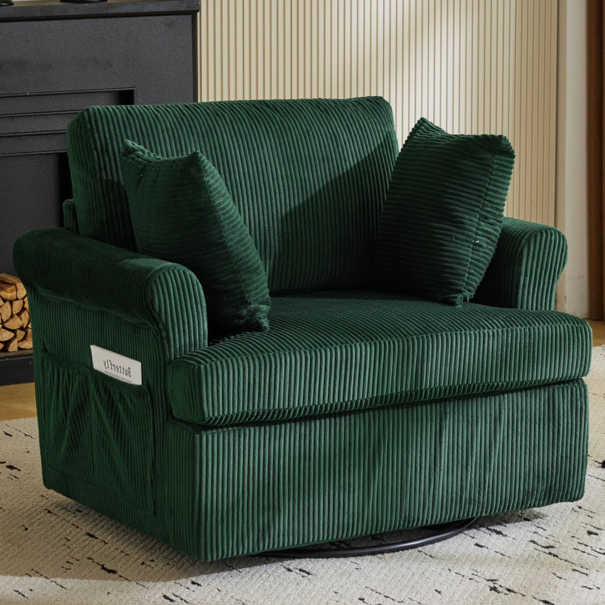 Ktaxon Swivel Accent Chair, 360-Degree Rotation Reading Chair, Corduroy Fabric Sofa with Armrest Pockets, Solid Metal Base, Perfect for Living Room Bedroom Black