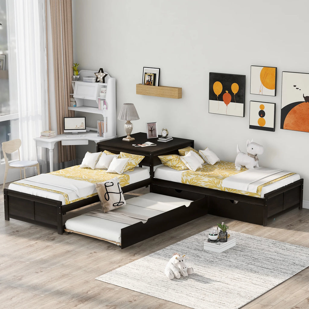 Euroco Wood Twin Size L-Shaped Platform Bed with Square Storage Table for Kids Teens, 2 Platform Beds with Trundle and Drawers for Living Room, 3 Twin Beds, Gray
