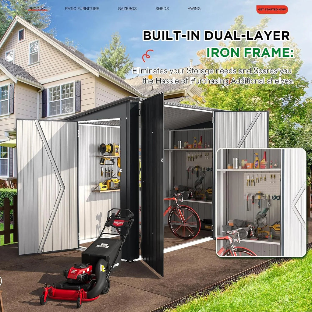 YODOLLA Outdoor Storage Shed, 3 x 7 Ft Bike Sheds & Outdoor Storage, Small Metal Outdoor Storage Cabinet for Garden