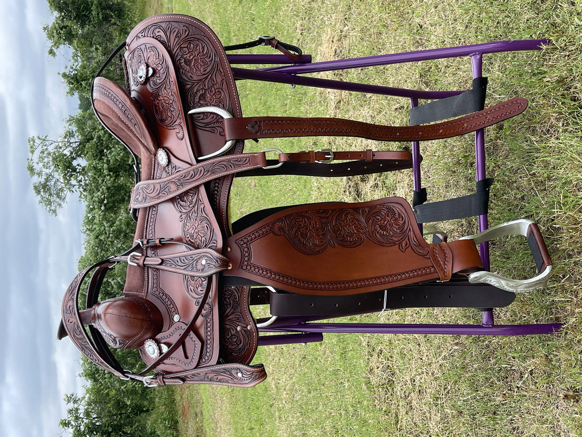 Resistance Western Horse Pleasure Adult Saddle with Floral Tooled - Genuine Leather 15" 16" 17" 18" & 20" With Free Tack Set