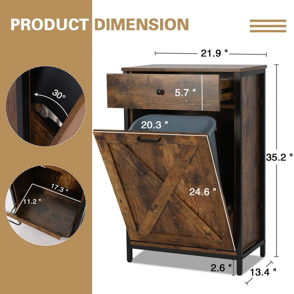 Eclife 10 Gallons Tilt Out Trash Cabinet Freestanding Floor Rustic Solid Wood Barn Door and Storage Drawer Kitchen Island