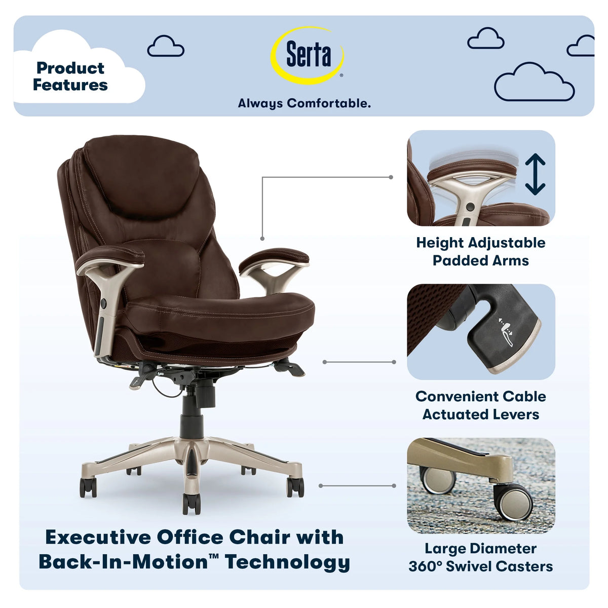 Serta Back in Motion Technology Fabric Executive Office Chair, Light Gray
