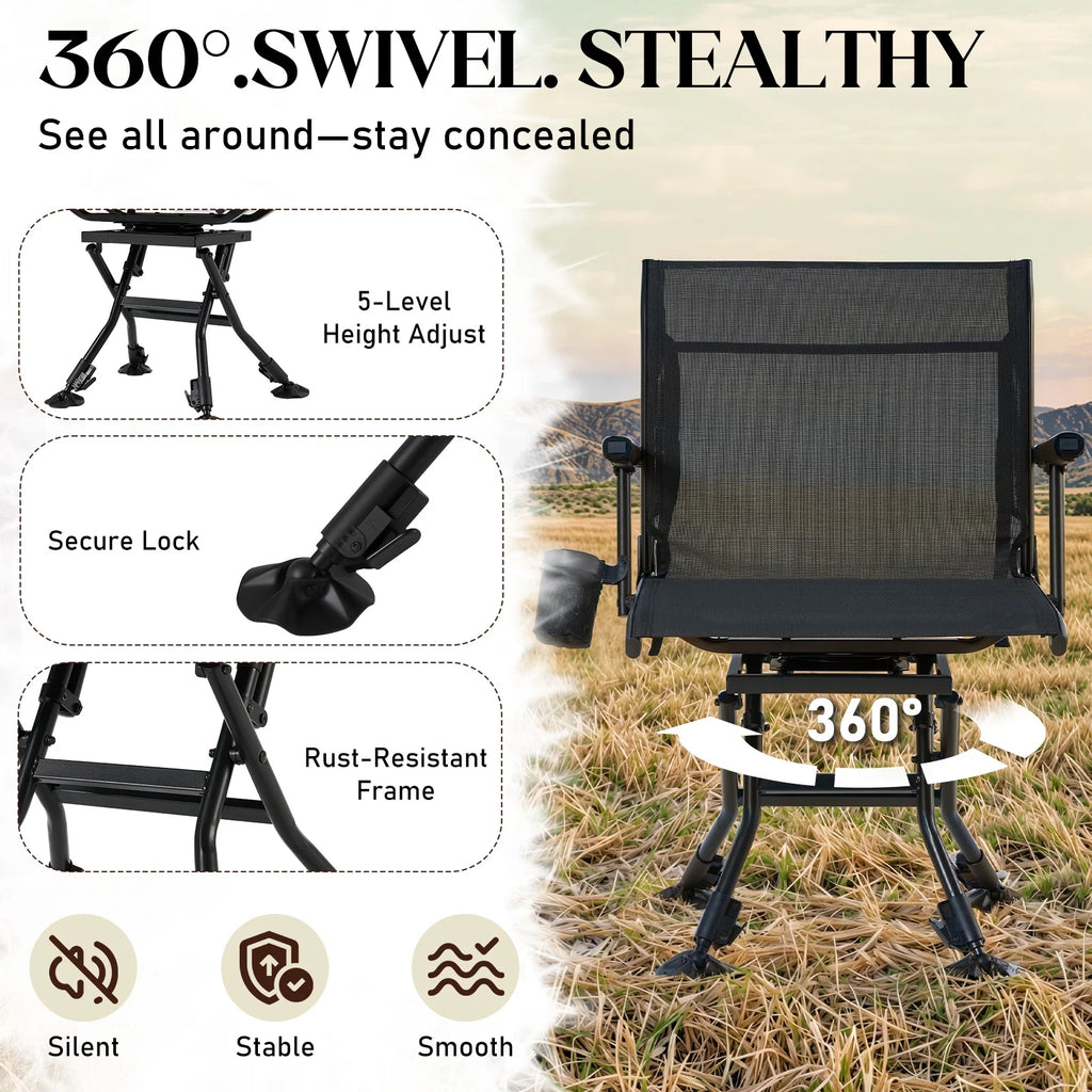 Danrelax 360�� Silent Camo Hunting Blind Chair, Armrests, Side Pouch, Telescopic Legs