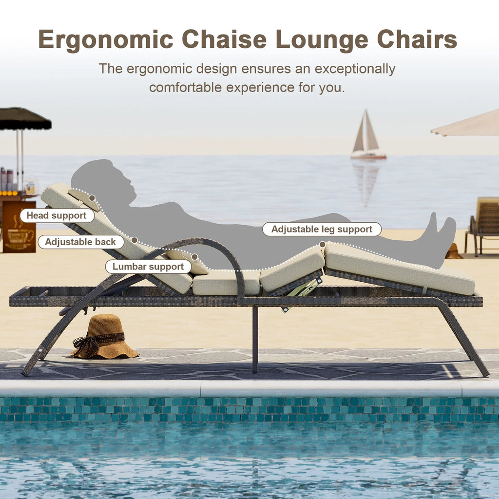 MEISSALIVVE 4-Piece Outdoor Lounge Chairs, Pool Chairs with Adjustable 5 Position Backrest , PE Rattan Chaise for Backyard Porch Deck (Gray)