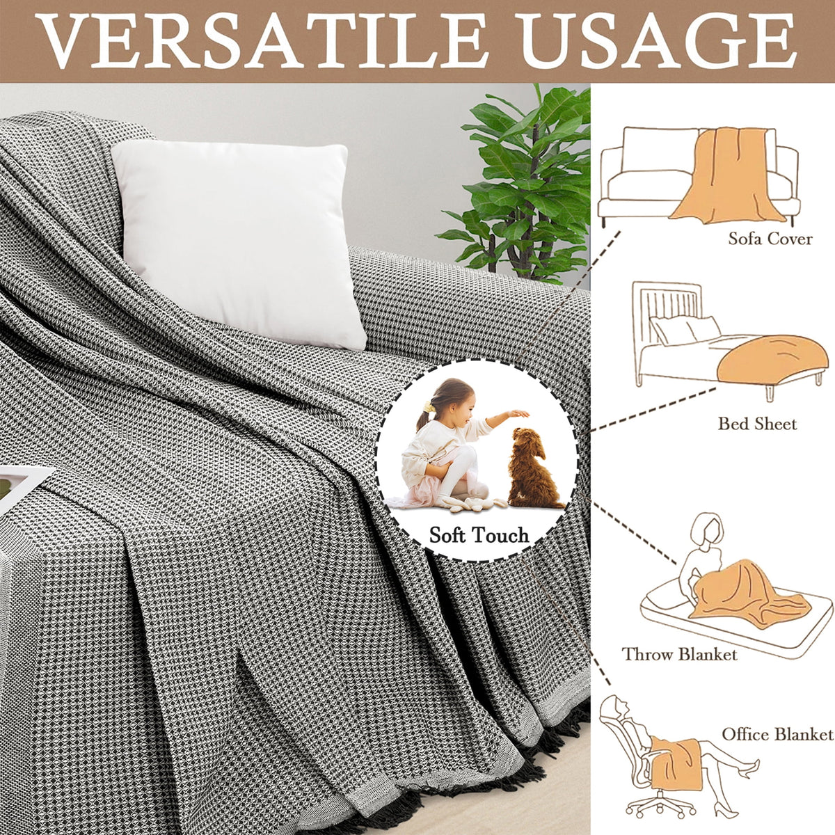 HDCAXKJ Washable L Shape Sofa Covers Reversible Sectional Couch Covers Corner Sofa Slipcovers Blankets Sofa Cover for Living Room Home Decor,91"x252",Gray