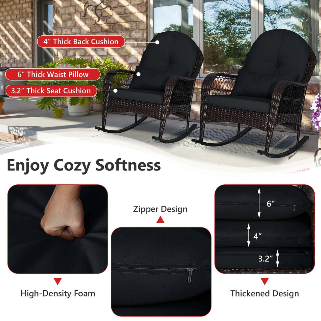 Costway Patio Wicker Rocking Chair W/Seat Back Cushions & Lumbar Pillow Porch Off White