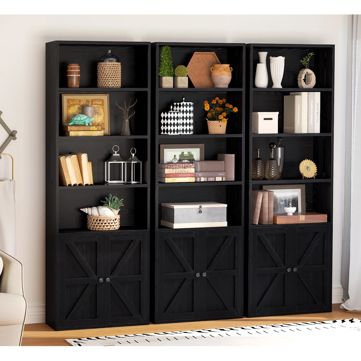 Easoger 6 Tier Bookcase Set of 2, Bookshelves with Barn Cabinet Doors, Floor Bookshelves for Home Office, Living Room, Black