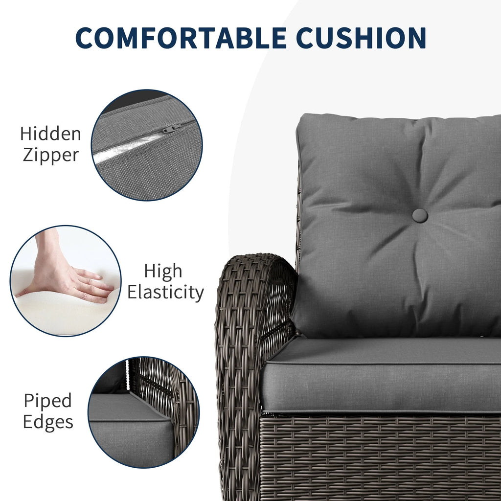 ELPOSUN 3 Pieces Patio Furniture Set, Outdoor Swivel Gliders Rocker, Wicker Patio Bistro Set with Rattan Rocking Chair, Glass Top Side Table and Thickened Cushions for Porch Deck Backyard