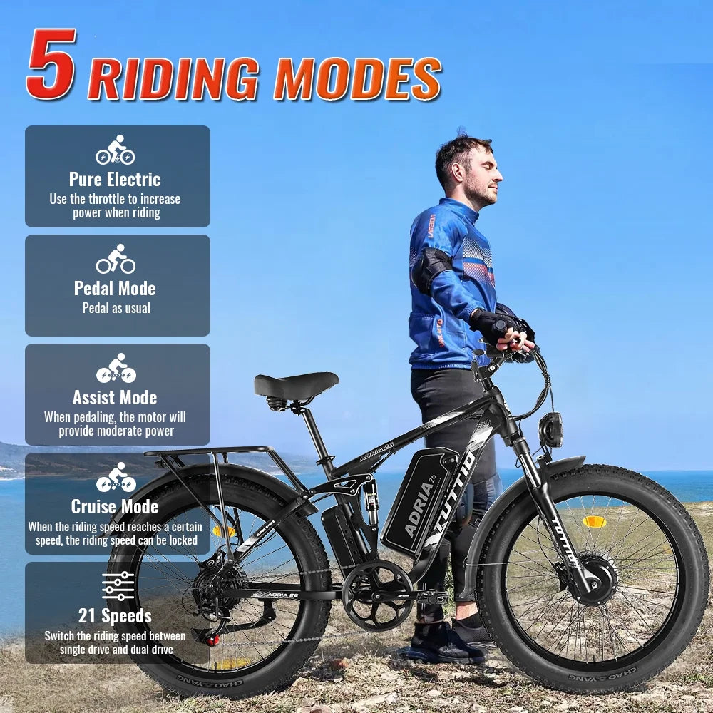 TUTTIO Adria26 5000W Electric Mountain Bike for Adults, 26" Fat Tire E-Bike for Men, 7 Speed, Max 46Mph