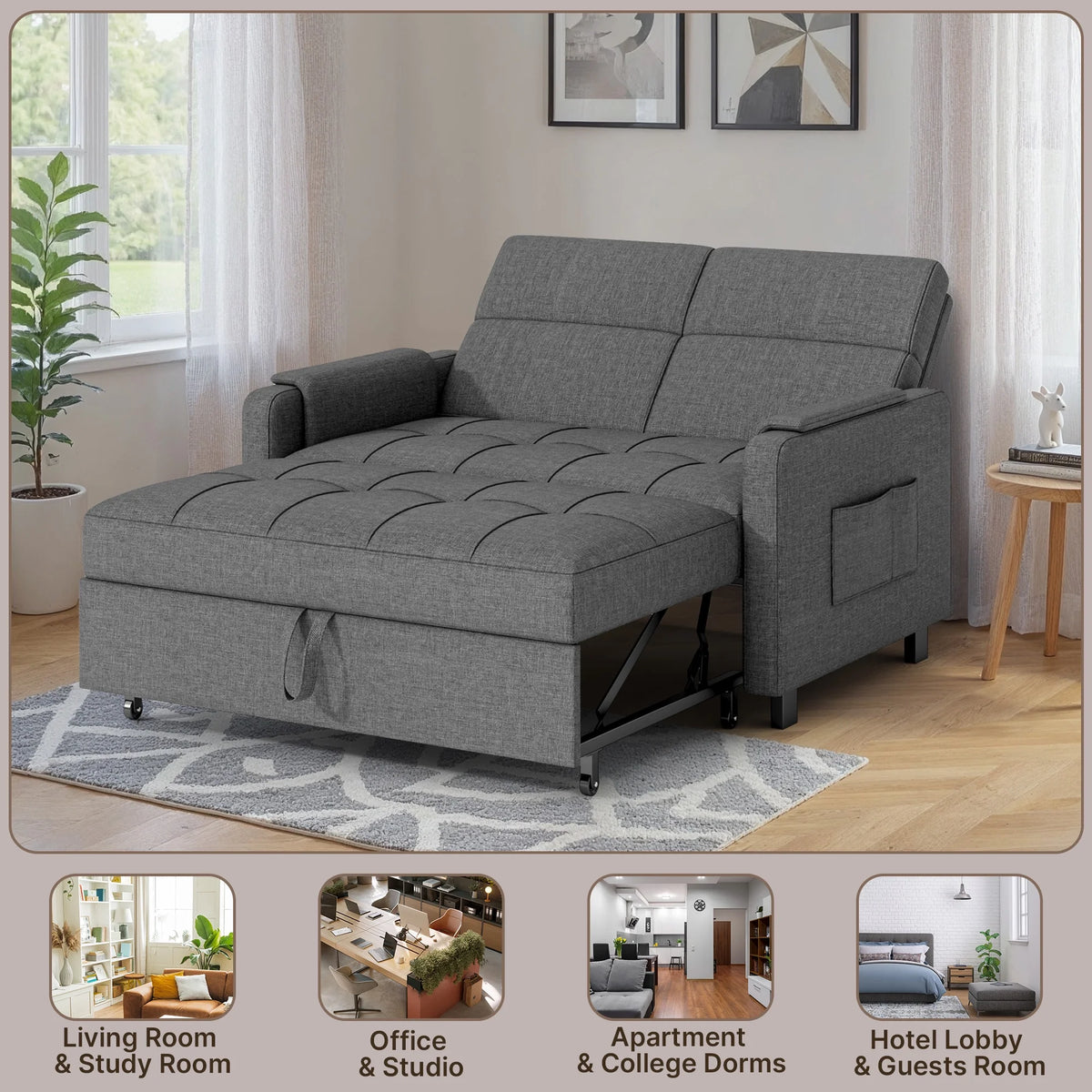 Sofa Bed, Lofka 3-in-1 Convertible Sleeper Sofa with Storage, Adjustable Backrest & Pull Out Function - Sleeper Chair for Small Space, Apartment, Dark Grey