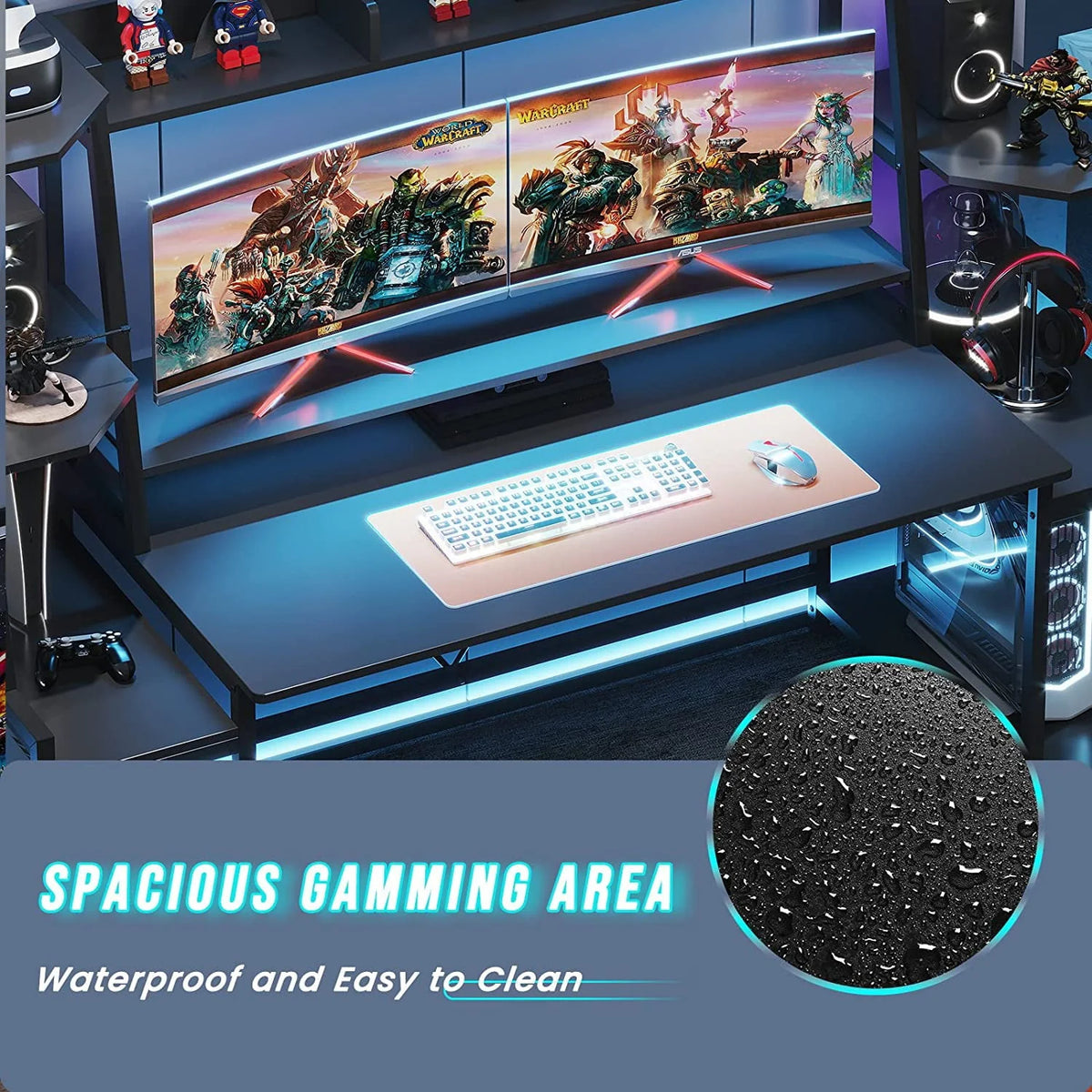 78.8inch Gaming Desk with LED Lights, Hutch and Storage Shelves, Ergonomic Computer Desk with Monitor Stand, Black