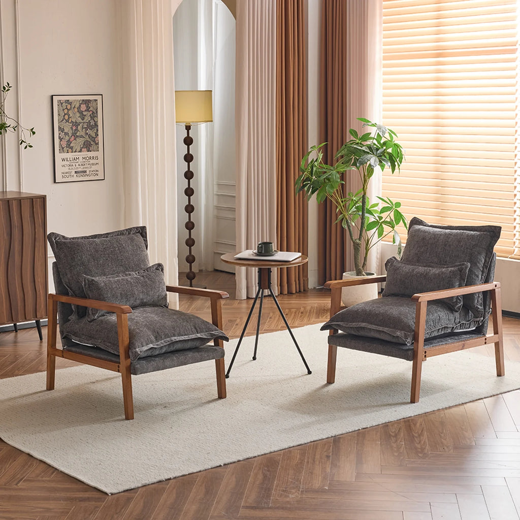 Ktaxon Chenille Accent Chair, Solid Wood Armrests Armchair, Metal Frame for Stability, Single Sofa with Comfortable Cushions and Lumbar Pillow Beige