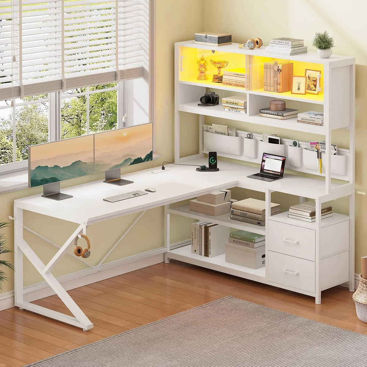 L Shaped Computer Desk with 2 Drawer and Bookshelf, L Shaped Gaming Desk with LED Light, Black