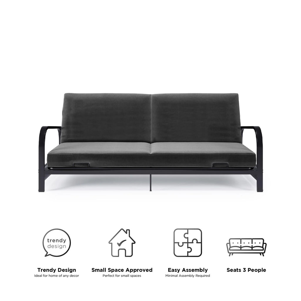 DHP College Metal Arm Futon, Black Frame with Gray Mattress