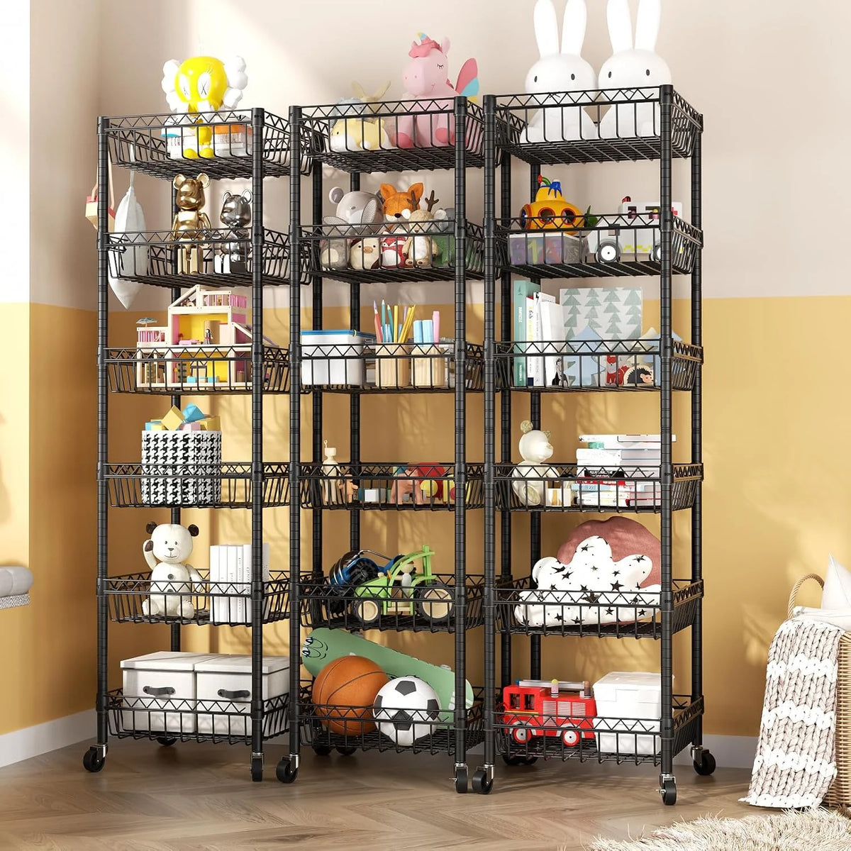 6 Tier Wire Shelving Unit with Wheels Baskets Storage Rack Corner Shelves Adjustable Shelf Closet Bathroom Organizers Metal Pantry Kitchen Garage Laundry Room 13.5" D x 13.5" W x 63" H White