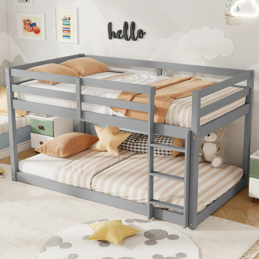 SESSLIFE Bunk Bed Twin Over Twin, Low Floor Bunk Bed with Guard Rails for Dorm, Small Space, No Box Spring Needed(White)