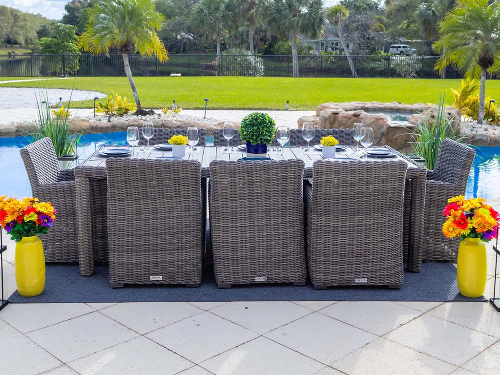 Malmo 18-Piece Resin Wicker Outdoor Patio Furniture Combination Set in Gray w/Sectional Set, Eight-seat Dining Set, and Chaise Lounge Set (Full-Round Gray Wicker, Polyester Light Gray)