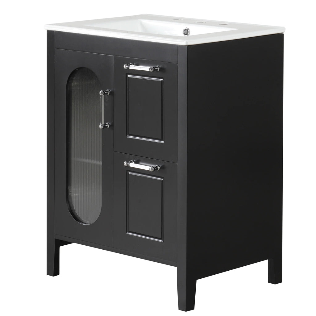 Soges 24" Bathroom Vanity with Ceramic Sink, Solid Wood Bathroom Makeup Cabinet with Door, Adjustable Shelf and 2 Drawer, Free Standing Single Basin Vanity Set for Small Bathroom, White