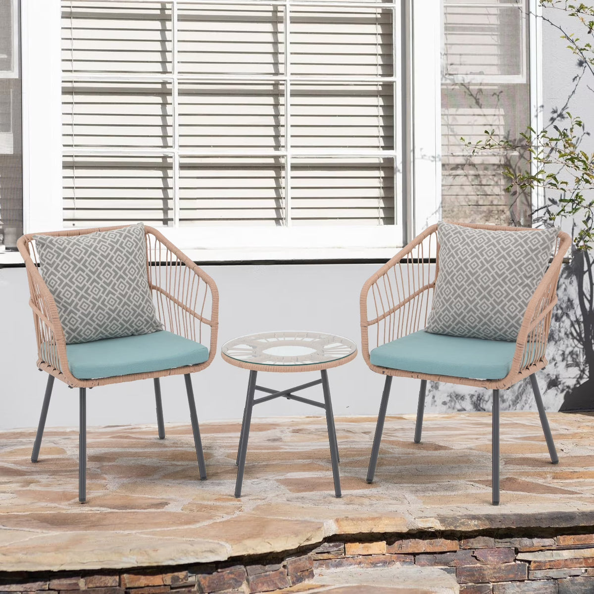 Patio Furniture Set, Betcozy3 Pieces Outdoor Chairs Set with Glass Coffee Table for Garden, Bistro, Porch, Balcony, Backyard