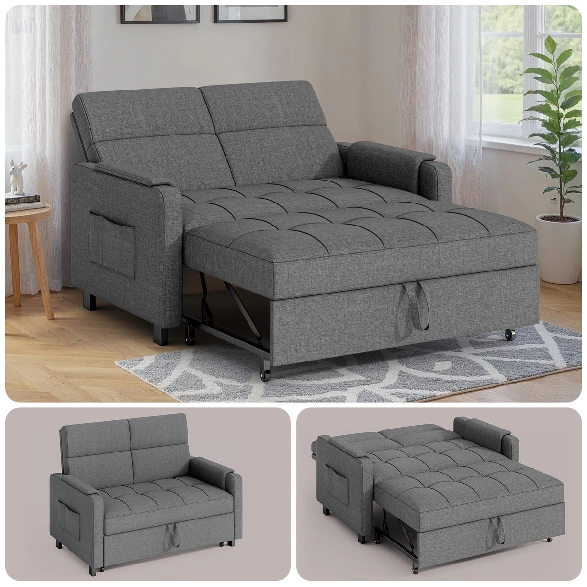 Sofa Bed, Lofka 3-in-1 Convertible Sleeper Sofa with Storage, Adjustable Backrest & Pull Out Function - Sleeper Chair for Small Space, Apartment, Dark Grey