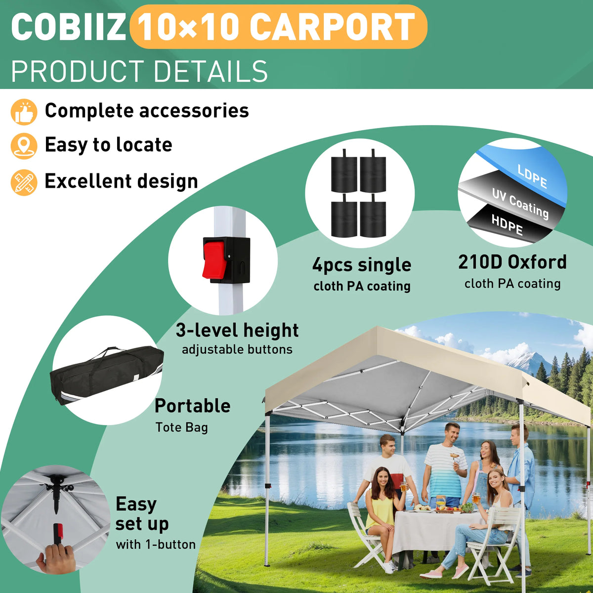 Hoteel Carport Canopy 10x20 Pop Up Shelter with Instant 1-Button Push Center Lock, UV Resistant All-Weather Cover with 2 Sidewalls, Heavy Duty Waterproof Canopy Tent for Cars, Trucks, Boats, White