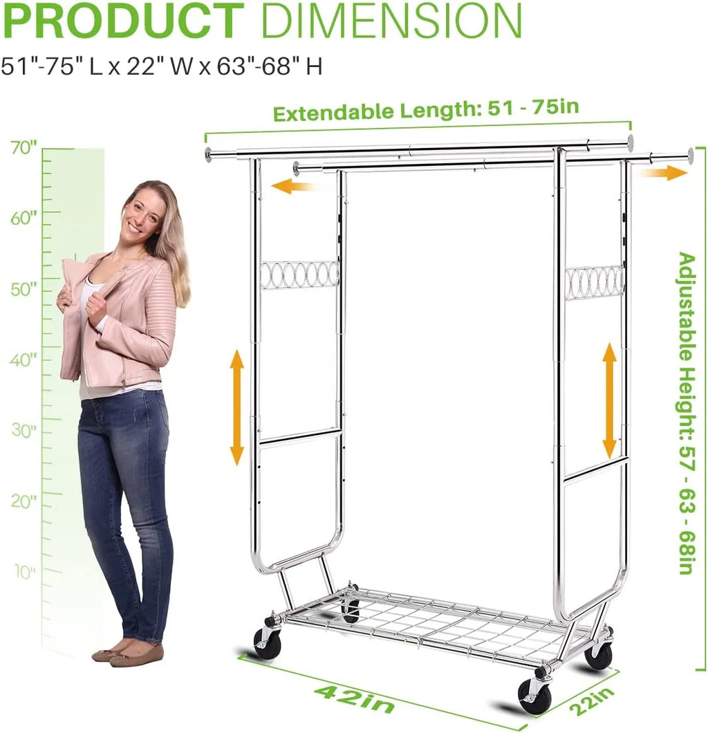 HOKEEPER 700 lbs Commercial Grade Heavy Duty Garment Rack with Shelves Collapsible Clothing Racks on Wheels Rolling Clothes Rack for Hanging Clothes Portable Adjustable, Chrome Finish