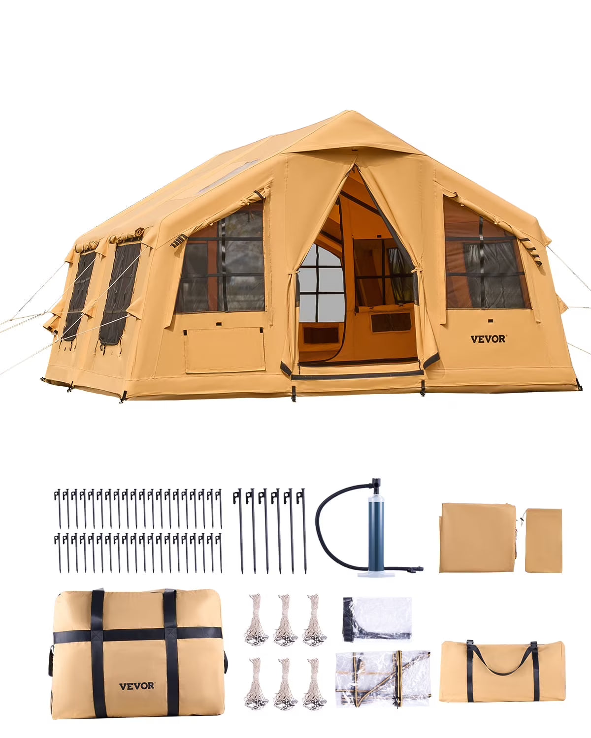 VEVOR Inflatable Tents for Camping,8-12 Person Easy Setup Blow up Tent with Hand Pump,4 Season Luxury Glamping Tent with 2 Skylights, Canopy,Stove Jack, 2 Doors & Mesh Windows(Include Storage Bag)