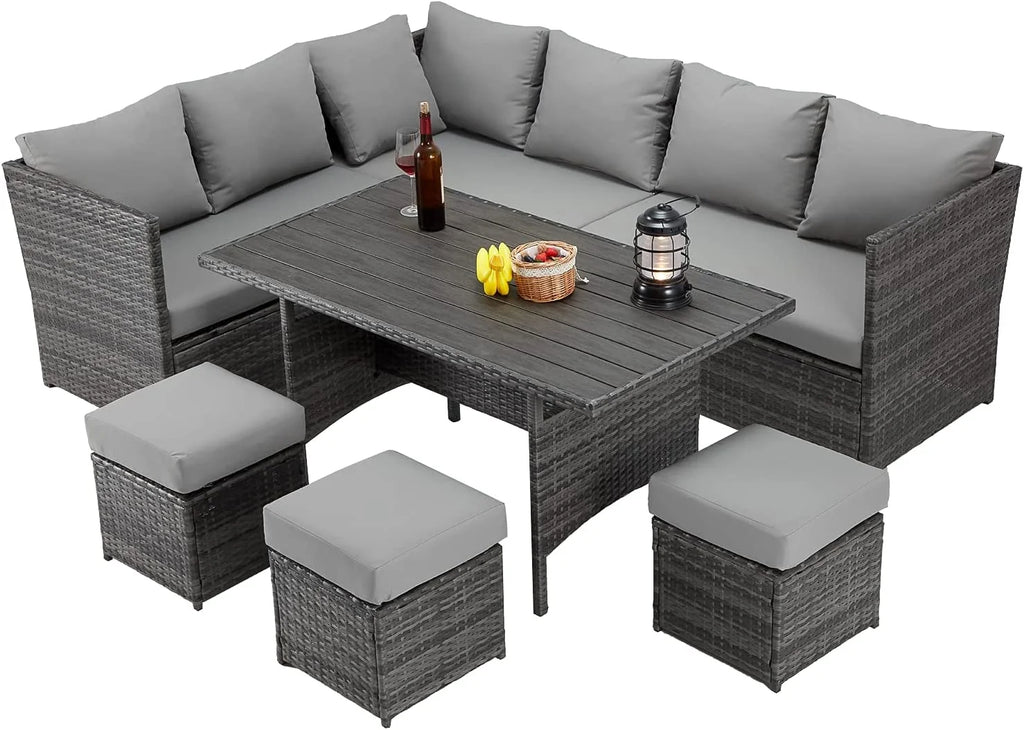 AECOJOY Outdoor 7-Piece Rattan Wicker Sectional Sofa Couch, Patio Dining Conversation Set, Gray