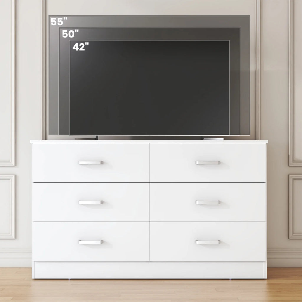 Winkalon 6 Drawer White Double Dresser, Wood Storage Cabinet with Easy Pull Out Handles for Living Room,Chest of Drawers for Bedroom