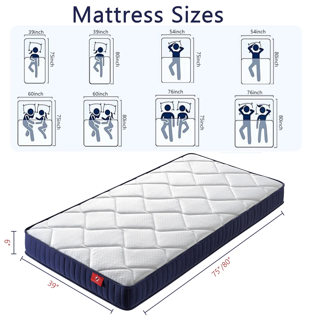 Twin Mattress,Hybrid Innerspring and Memory Foam Mattress in a Box,Medium Firm Support with Cooling Fabric,CertiPUR-US Certified,75"x39"x6",White+Blue
