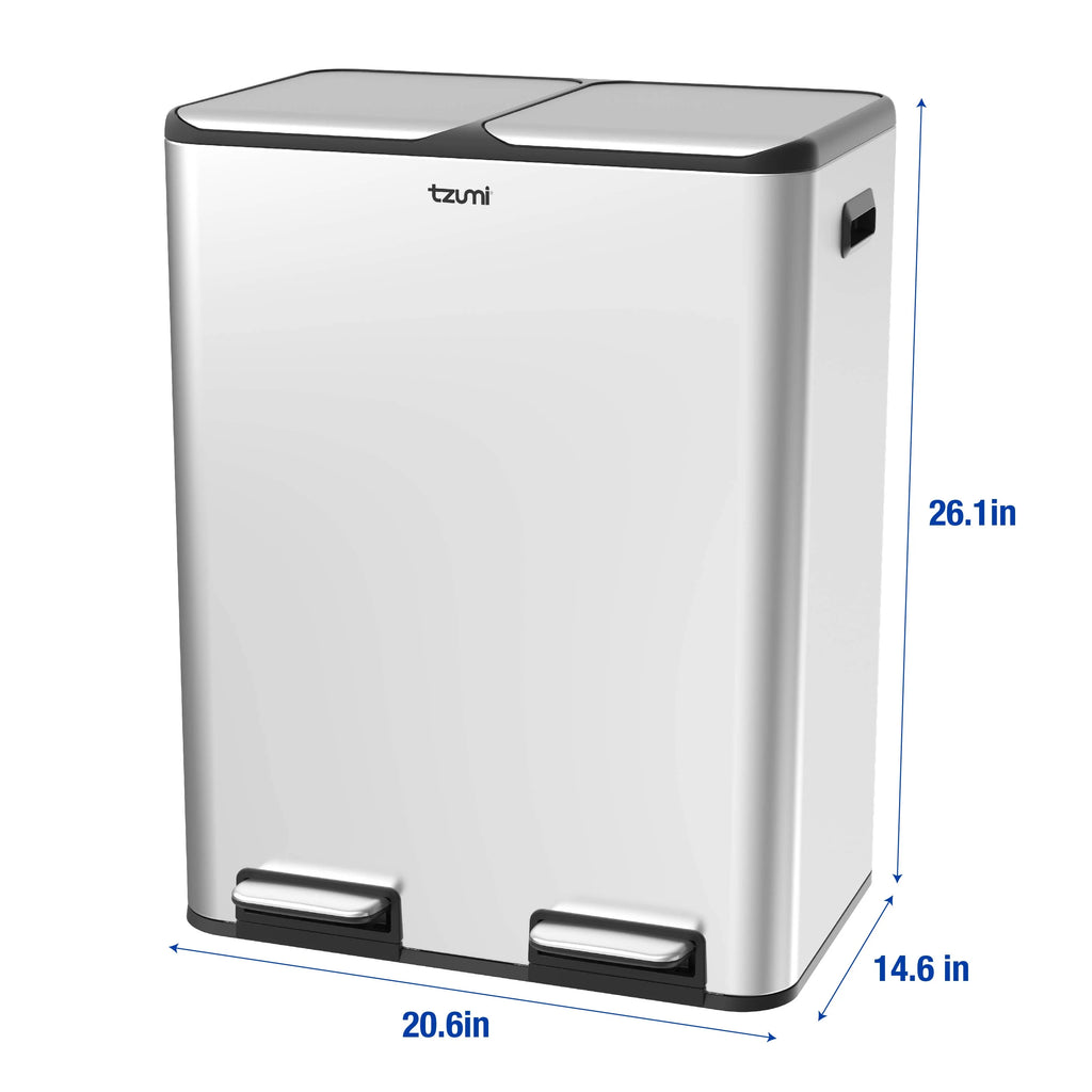 Tzumi Dual-Compartment Recycling Bin Stainless Steel Trash Can for Kitchen, 16 Gallon Total