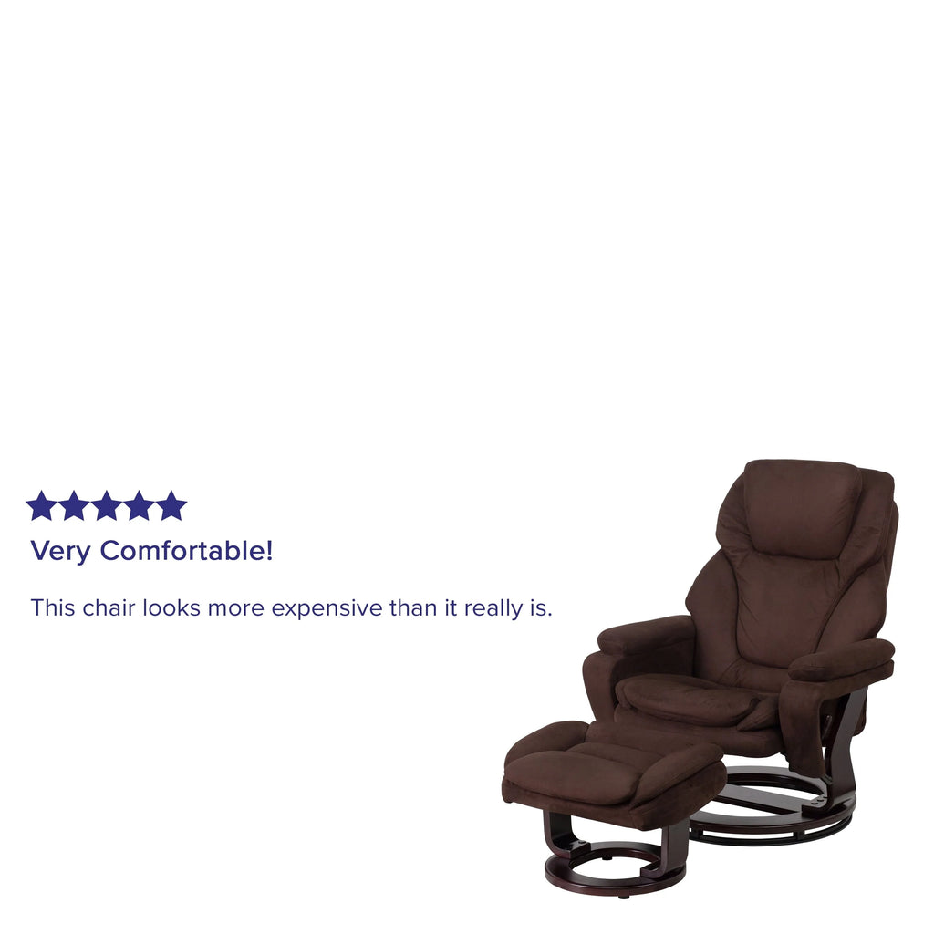 Emma + Oliver Multi-Position Recliner & Ottoman with Swivel Wood Base in Brown Microfiber