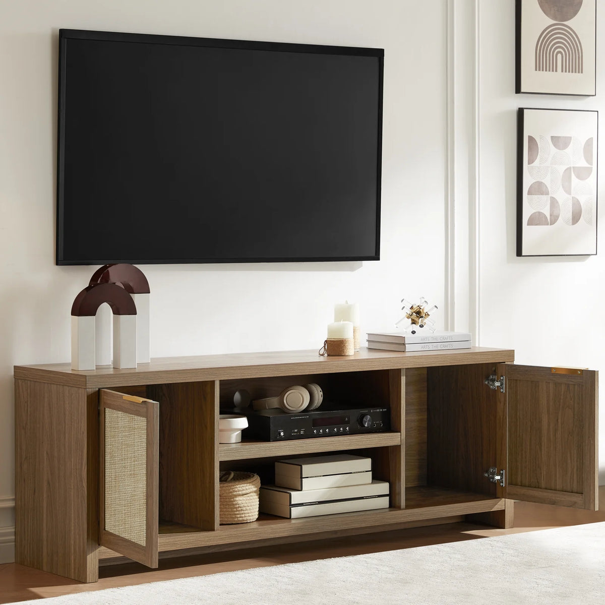 OAKHAM Rattan Tv Stands for 65 Inch Tv, Modern Farmhouse Entertainment Center, TV Console Table with Storage, Wood Media Console with Cabinet, Special Walnut