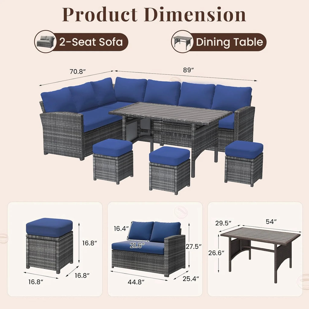 AECOJOY 7 Piece Patio Furniture Set PE Rattan Outdoor Dining Set Sectional Sofa Couch with Table Patio Conversation Set in Gray