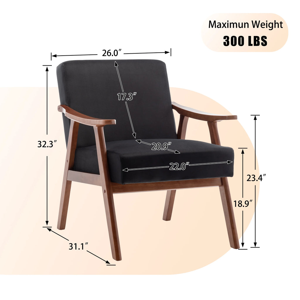 JONPONY Mid-Century Accent Chair,Living Room Chair with Solid Wood Frame,Accent Chair Extra-Thick Backrest,Wingback Chair for Bedroom,Reading Room,Living Room,Small Space,Black