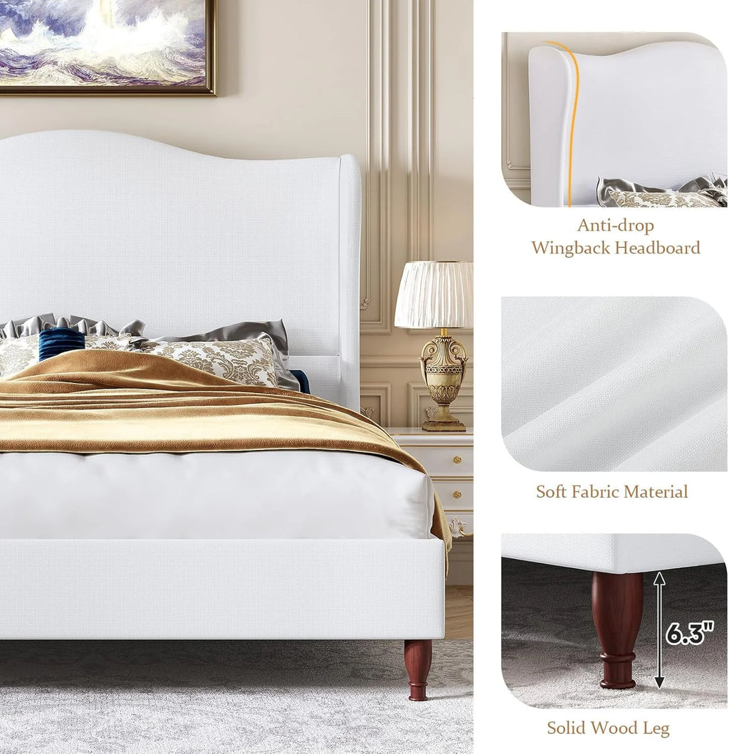 Neche Queen Upholstered Bed Frame with 51" Tall Headboard Classic Curved Wingback Platform Bed with Soft Fabric, Retro Simple Sleigh Bedframe No Box Spring Needed/Easy Assembly, White