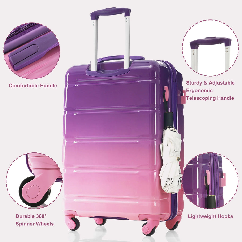 PAPROOS 3-Piece Luggage Set (20''/24''/28''), Hardshell Lightweight Suitcase with USB Port and Side Hooks, Travel Luggage with TSA-Lock, Hardside Rolling Luggage for School, Travel, Pink